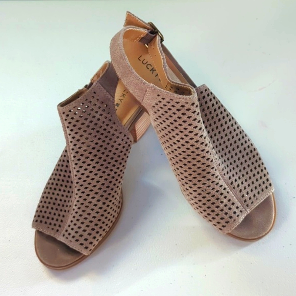 Lucky Brand, taupe ,peep toe perforated sandals. 8.5